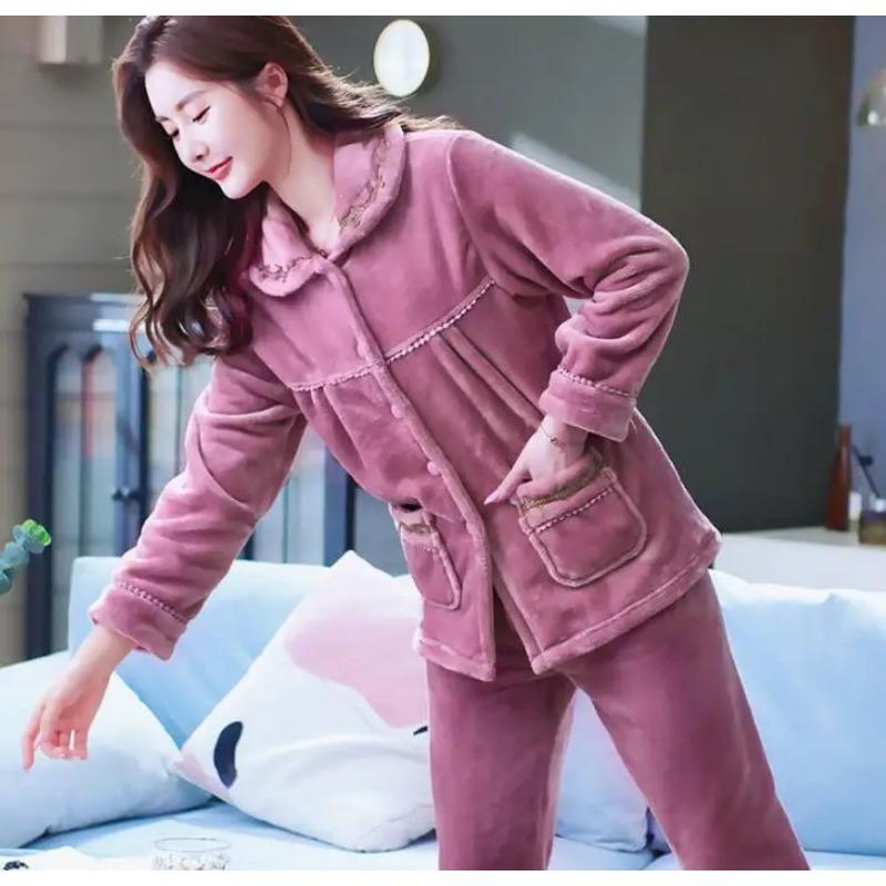 Thick Autumn Winter Warm Flannel Women Pyjamas Sets Long Sleeve Pijama Sleepwear Flannel Women Pajamas Set Home Wear