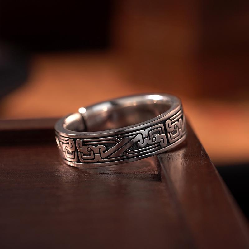 Yin Taifei Bronze Beast-Form Scroll Pattern Thai Silver Unisex Adjustable Ring - High-End Chinese Style National Trend