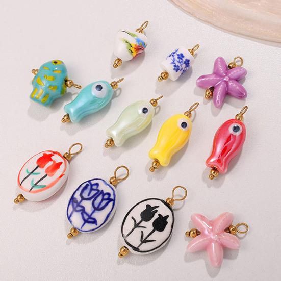 Handmade Ceramic Necklace Pendant, Star Fish Flower Charms with Golden Plated Findings, Ocean Theme Charms for DIY Earring Bracelet Jewelry Making