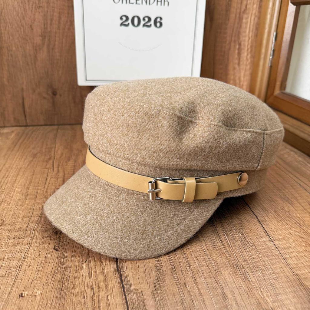 Autumn and winter woolen navy hat women's retro belt buckle cap temperament octagonal hat modified face shape atmosphere hat