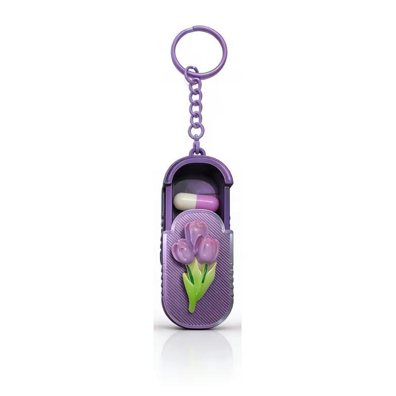 Waterproof Keychain Pill Organizer Tulip Pattern Portable Compact Pill Case Small for Outdoor Activities Daily Medication Carry