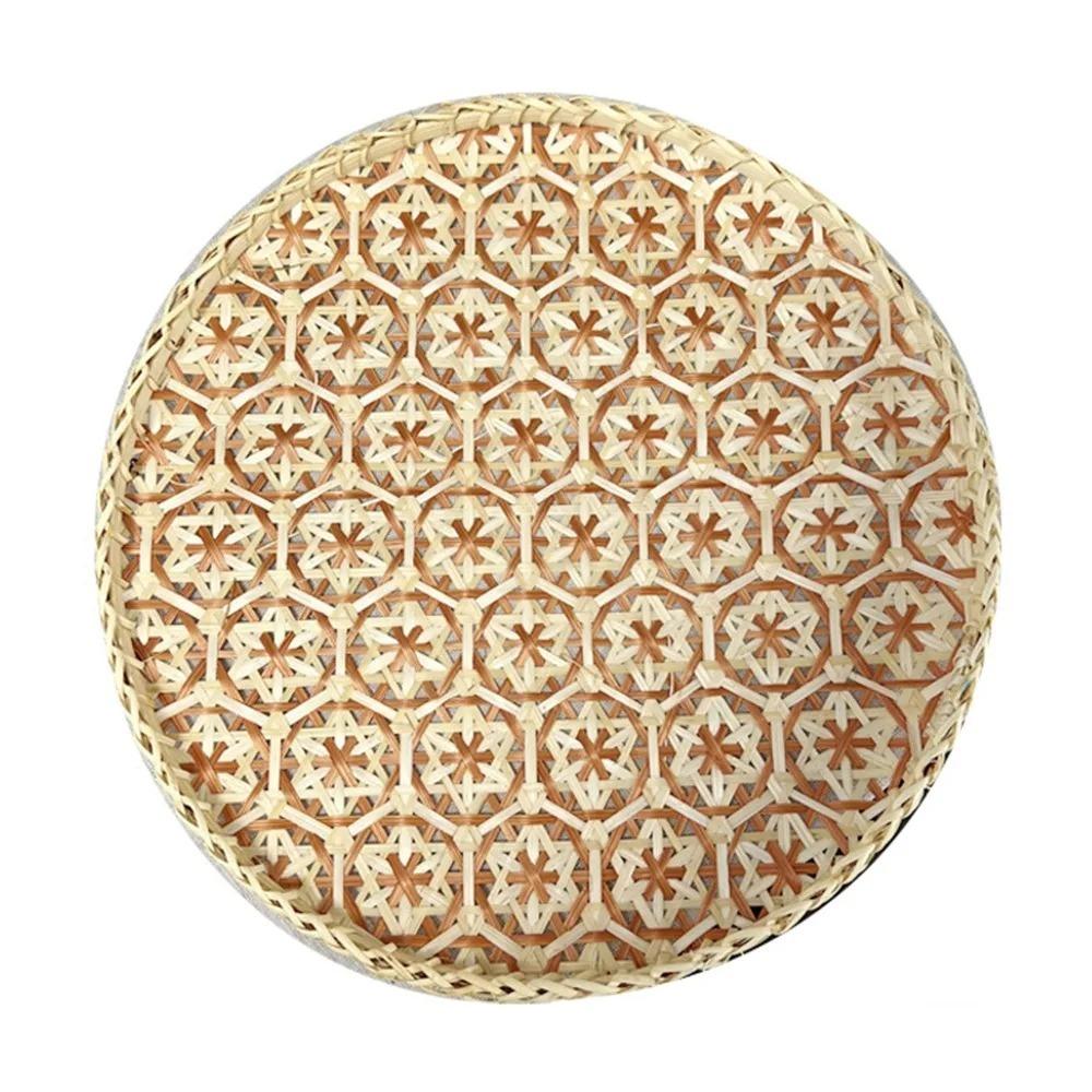 Bohemian Stil Bambus Gewebter Obstkorb Handgewebte Textur Runde Form Handgemachte Bambus Schale Buntes Sieb Haushalt