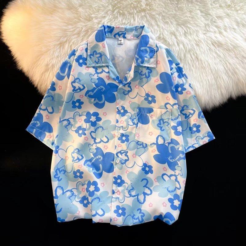 

Винтажная винтажная рубашка с кубинским воротником и цветочным принтом, мужская и женская свободная рубашка большого размера, пляжная рубашка с коротким рукавом