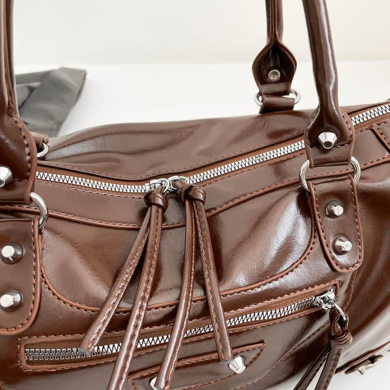 Glossy Faux Leather Duffel Bag Women's Fashion Shoulder Tote with Front Zip Pocket and Adjustable Strap