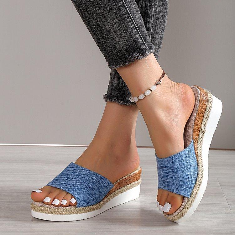 Foreign Trade Large Size 2025 New Muffin Heel Open-toed Cool Slippers European and American Cloth Surface One-word Cloth Surface Women's Shoes