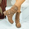 Fashion Round Toe Pleated Suede Block Heel Platform Low Top Short Boots Ethnic Women's Boots