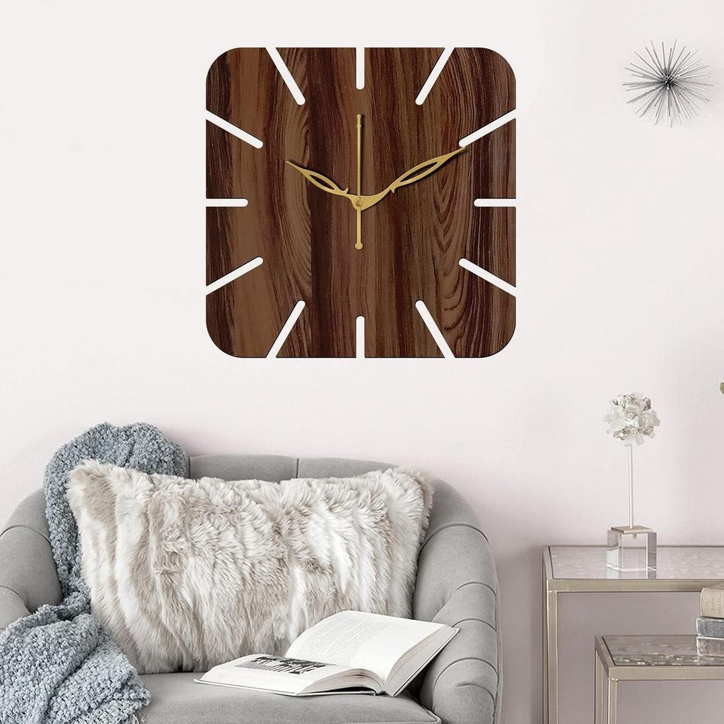 Freny Exim 12" Inch Wooden MDF Cut Mark Square Wall Clock Without Glass (Brown, 30cm x 30cm) - 19