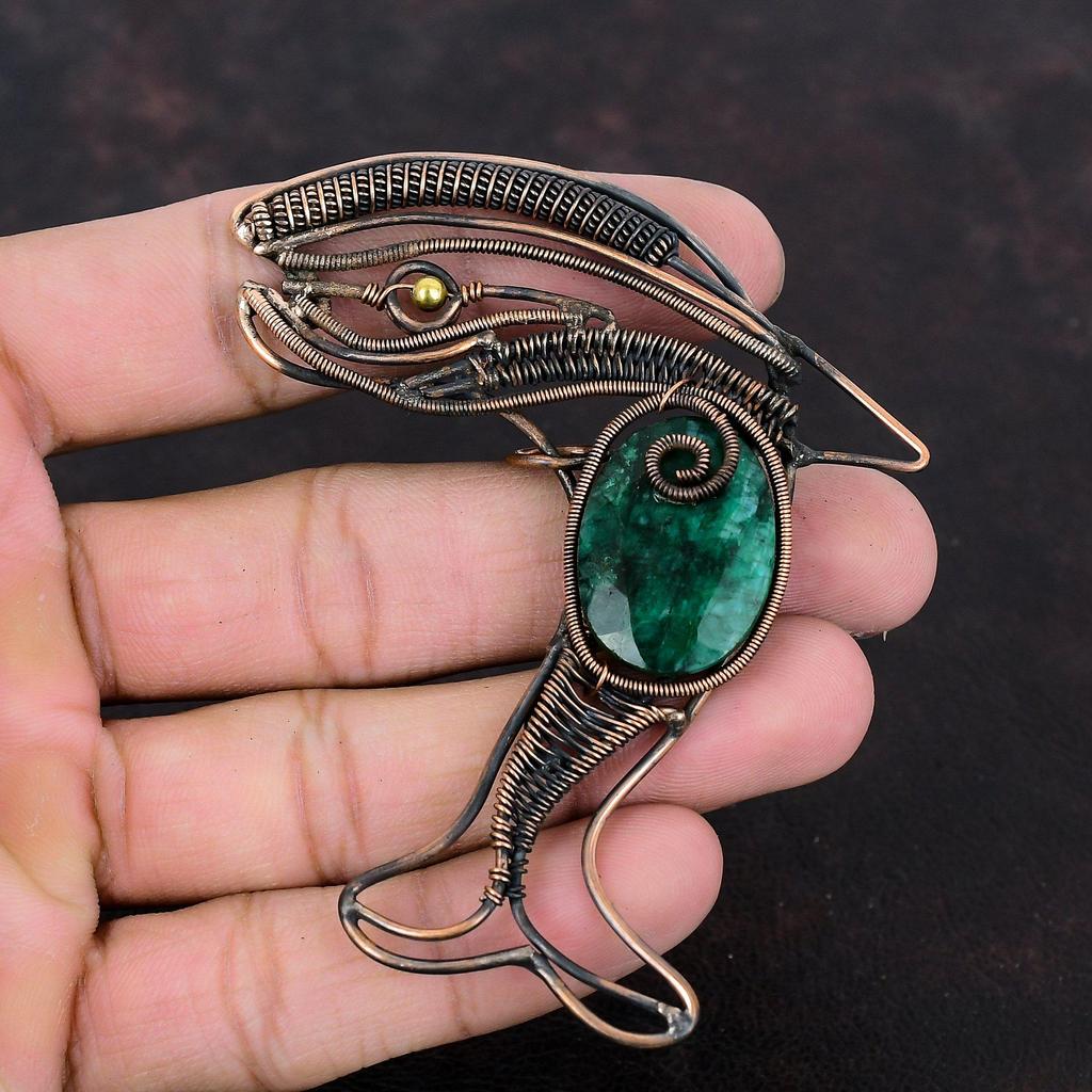 Facettierter sambischer Smaragd Anhänger Kupferdraht gewickelt Anhänger Antiker Fisch Anhänger Edelstein handgemachter Anhänger Kupferdraht Schmuck Hochzeitsgeschenk
