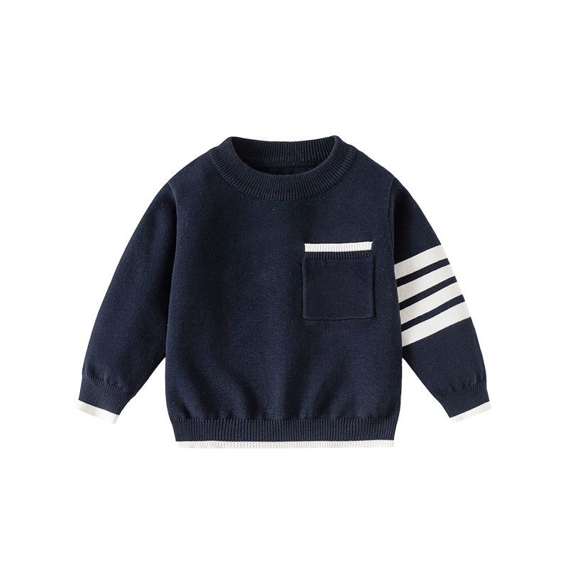 Boys' Classic Striped Crew Neck Sweater, Color-Blocked Small Pocket Knit Top for Toddlers and Young Children, Spring and Autumn Pullover for Kids