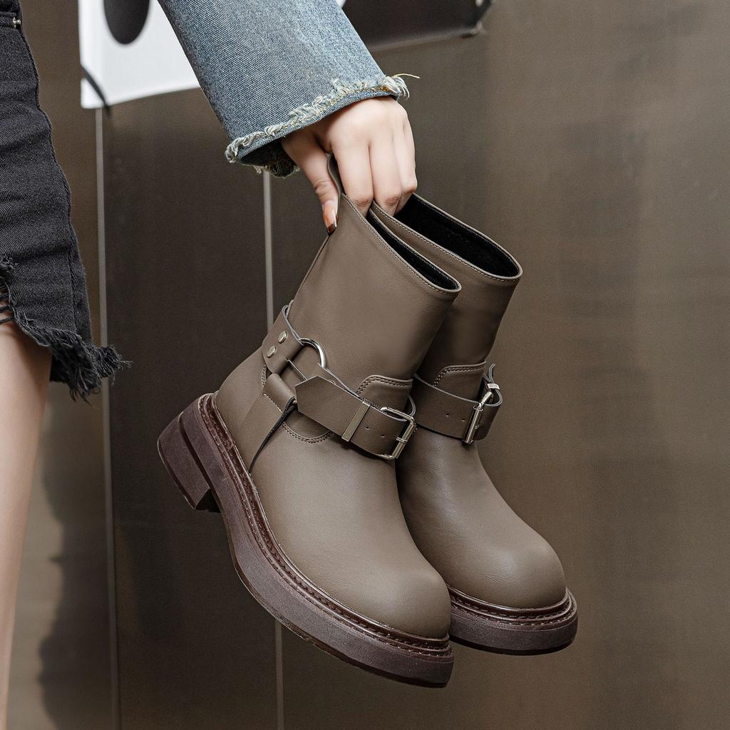 Leather Bv Martin Boots Women's British Style Belt Buckle 24 Autumn and Winter New Short Boots Thick-soled Heightening Retro Locomotive Boots