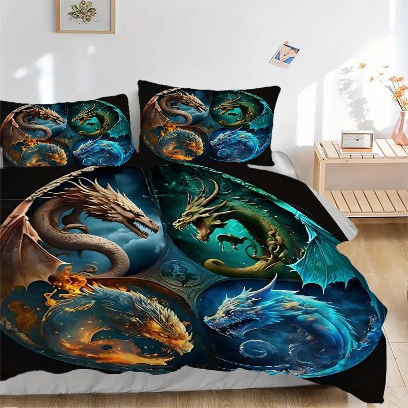 3pcs Composition of Fire Water Earth and Air Dragons Printed Quilt Set - Soft and Comfortable Quilt Cover for Bedroom, Guest Room and Dormitory