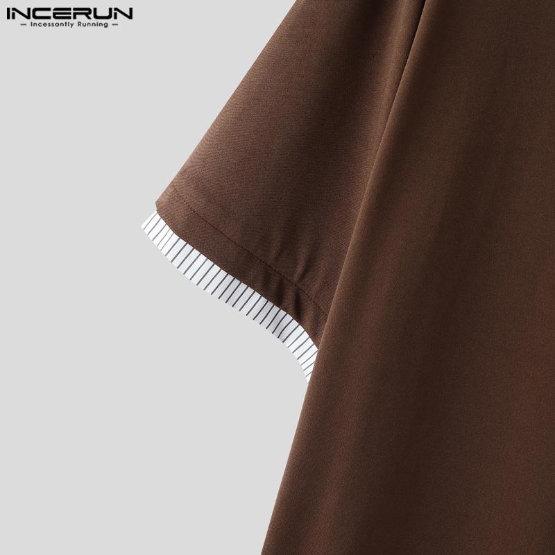 INCERUN Men's Short Sleeve Casual Striped Patchwork Oversized Tops T-shirts