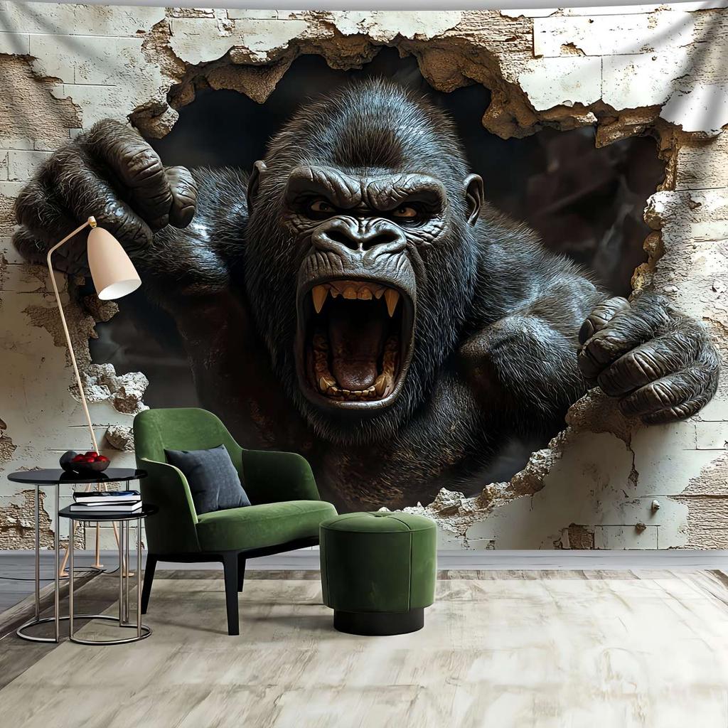 1pc 3D Dynamic Gorilla Wall Burst Effect Printed Tapestry for Living Room Bedroom Office Home Party Decoration