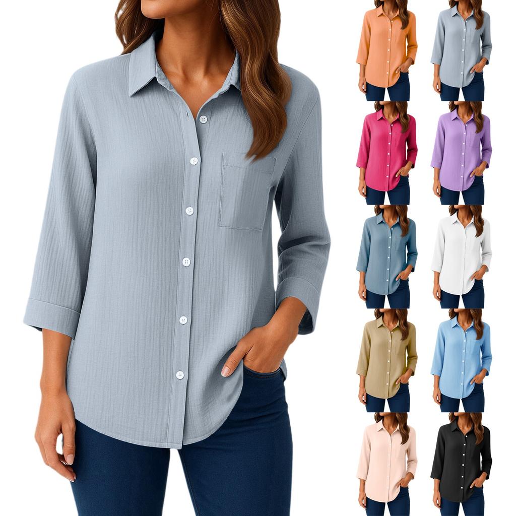 Womens Button Down Shirts 3/4 Sleeve Casual Collared Shirt Loose Blouses Solid Color Tops With Pocket