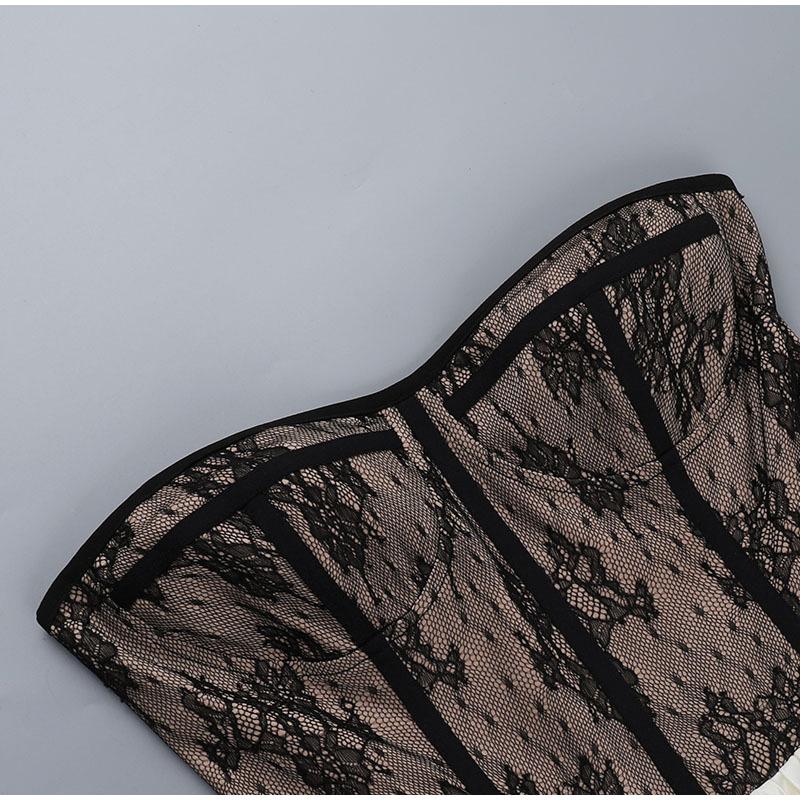 Women Splice Lace Strapless Dress Sexy Contrast High Waist A Line Puffy Mini Dresses Lady 2025 Spring Summer New Club Dress