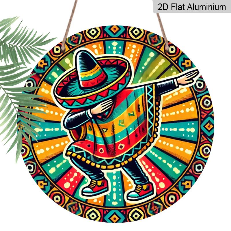 

2D Flat, 1pc 7.87 Inch Round Aluminum Sign, Mexican Fiesta Sombrero & Maracas Design, Vibrant Cultural Metal Wall Art, Easy Hang Indoor/Outdoor Decor 1pc