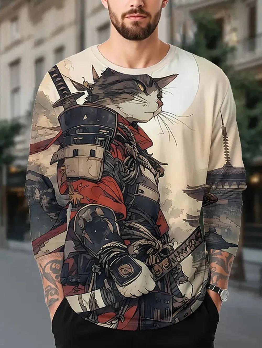 

Samurai Cat T-Shirt for Men Funny Animal 3D Graphic Men s Long Sleeve Tee O-Neck Men s Clothing Japanese Anime Style Y2k Tops 6XL
