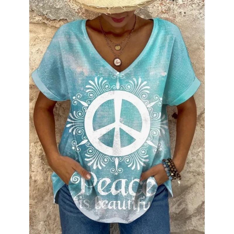 Camisetas Casuales de Manga Corta para Mujer con Estampado 3D y Cuello en V, Moda Retro