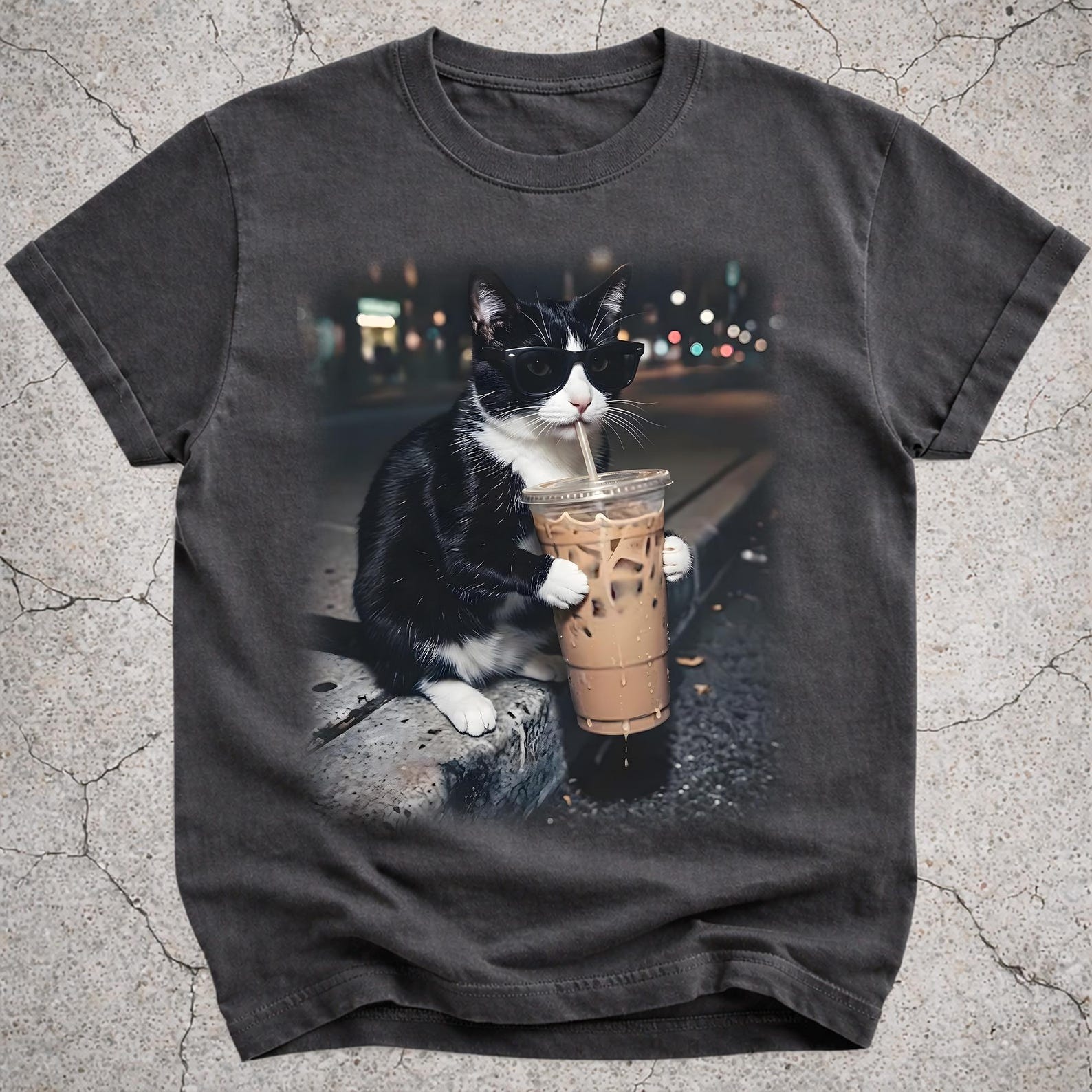 Tuxedo Cat Drinking Iced Coffee Shirt, Funny Cat Coffee Meme Tee, Silly Cat Graphic T-Shirt, Novelty Coffee Lover Gift for Cat Mom Dad S