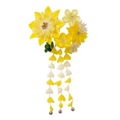 Kyoto Kimono Yuzen Hair Ornament, Multicolor Flower, Tsumami-zaiku (traditional Japanese Fabric Flower Making), Pink and Yellow, Tassel Decoration,