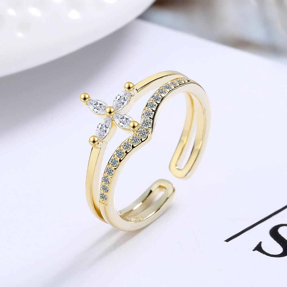 2026 Fashion Sweet Diamond Four-Petal Flower Ring Femininity Double Ring Tail Ring Live Ring Resizable