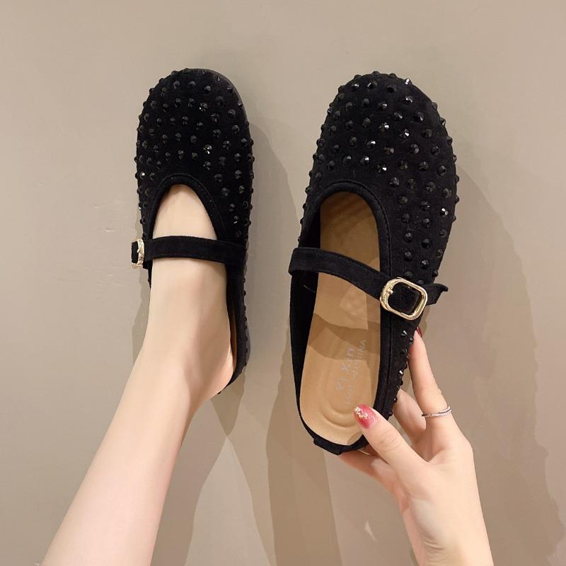 

Баотоу полутапочки для женщин, весна, новая замшевая мода, стразы, с юбками, сандалии на плоской подошве 40 чёрный