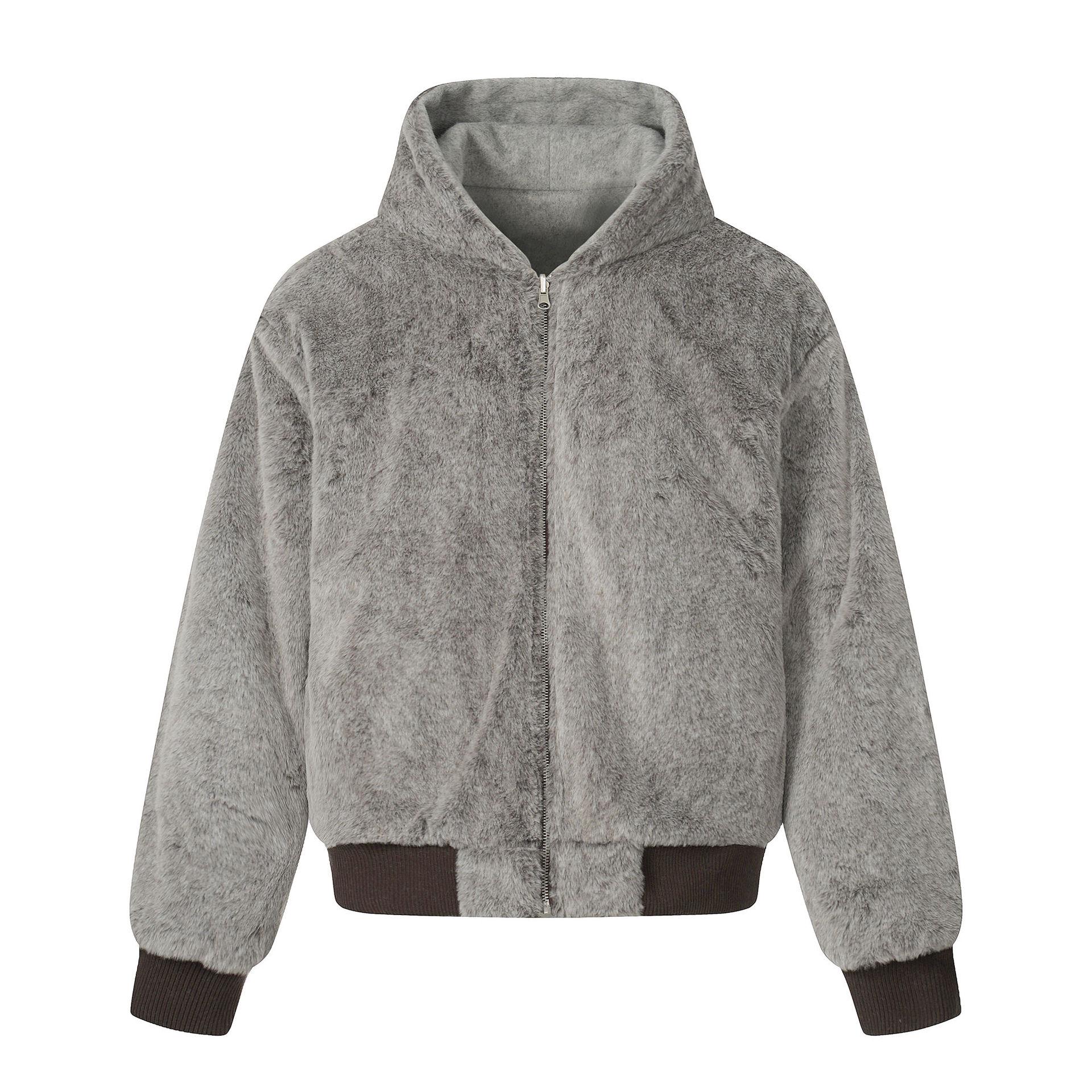 

American Retro Women s Reversible Hooded Wool-Cotton Coat - Winter Warm Plush Jacket Medium сірий колір