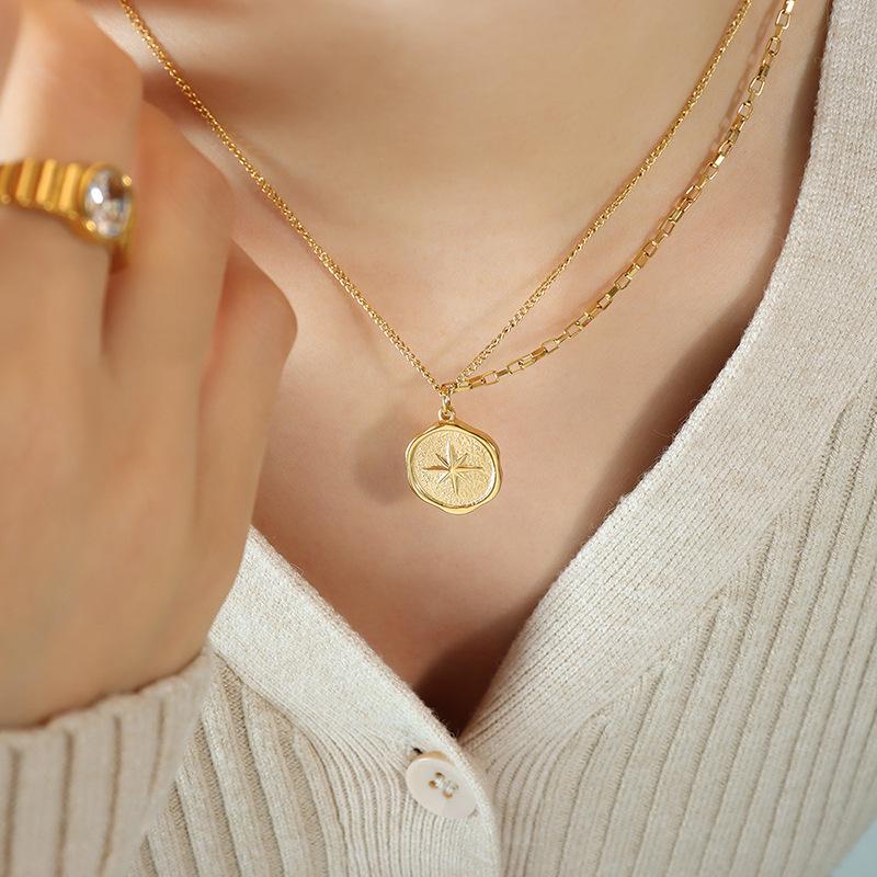 French Niche Eight-Pointed Star Pendant Necklace, Double Chain, 18K Gold-Plated Titanium Steel Clavicle Chain Jewelry P574