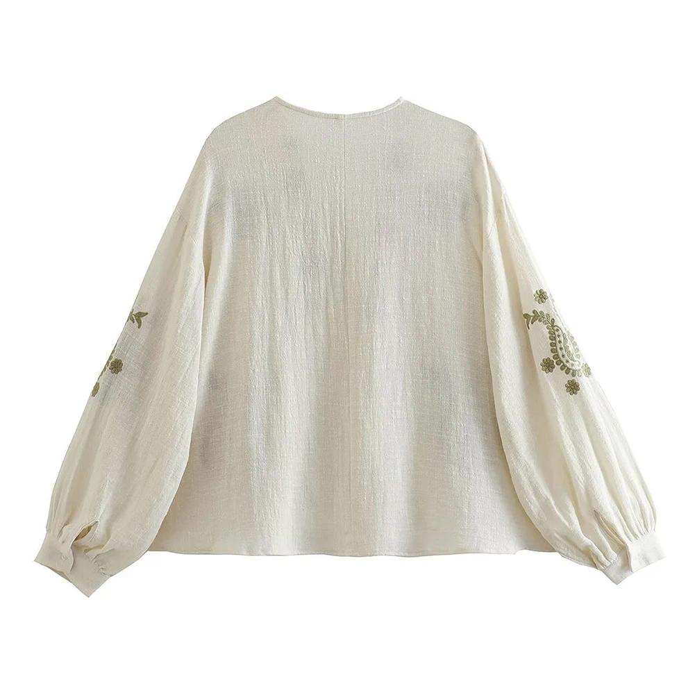Womens  Loose Cotton Embroidery Shirt Stylish Elegant Long Sleeve Western-style Summer V-neck Fashionable Versatile Top