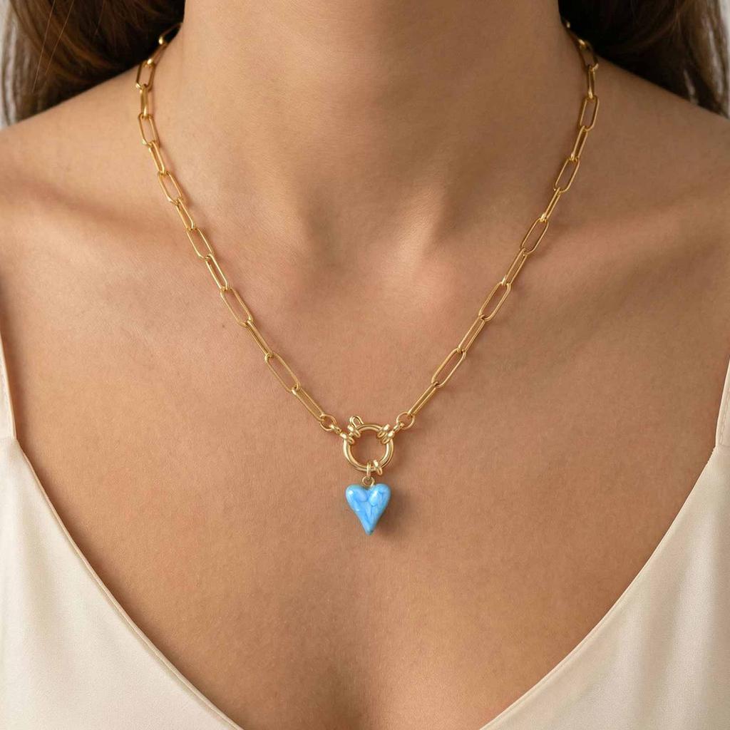 Romantic Heart Pendant Necklace Gold Plated Stainless Steel Paperclip Chain Enamel Love Shape Waterproof Aesthetic Mother Gift