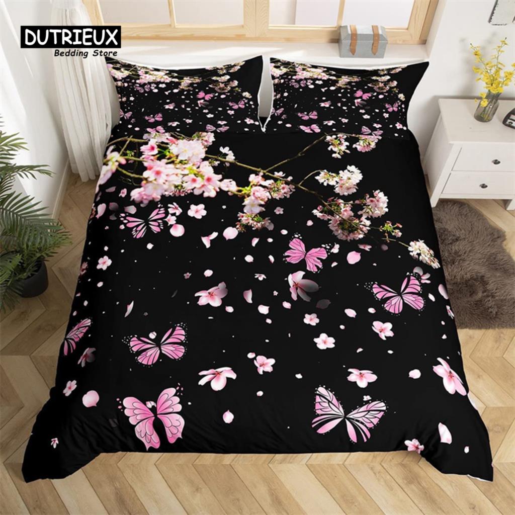 Cherry Blossoms Duvet Cover Set Japanese Floral Bedding Set Microfiber Romantic Theme Quilt Cover Twin King For Valentine's Day