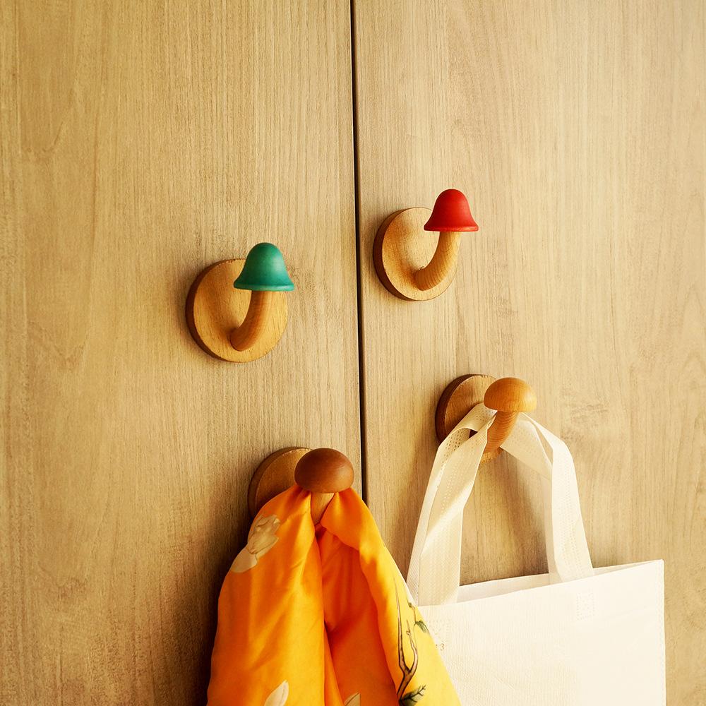4pcs wooden mushroom clothes and hat hooks Non perforated solid wood clothes hook wall hooks for hanging