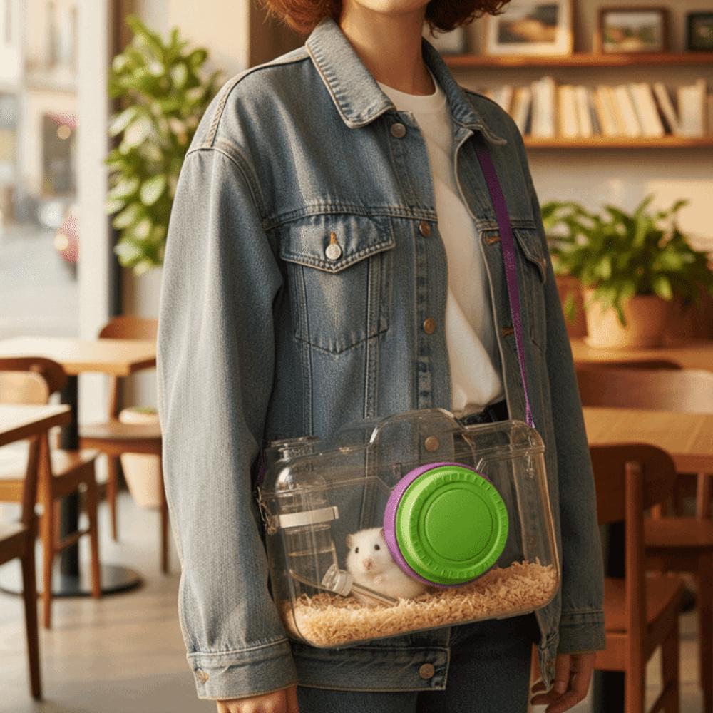 Transparent Hamster Carriers Cage with Water Bottle Food Bowl Travel Hamster Carrier Adjustable Strap Ventilated
