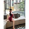 Burgundy Lace-up Ruffle Edge Suspender Dress for Women's Summer Pure Desire Wind Sexy Medium and Long Waist A-word Skirt