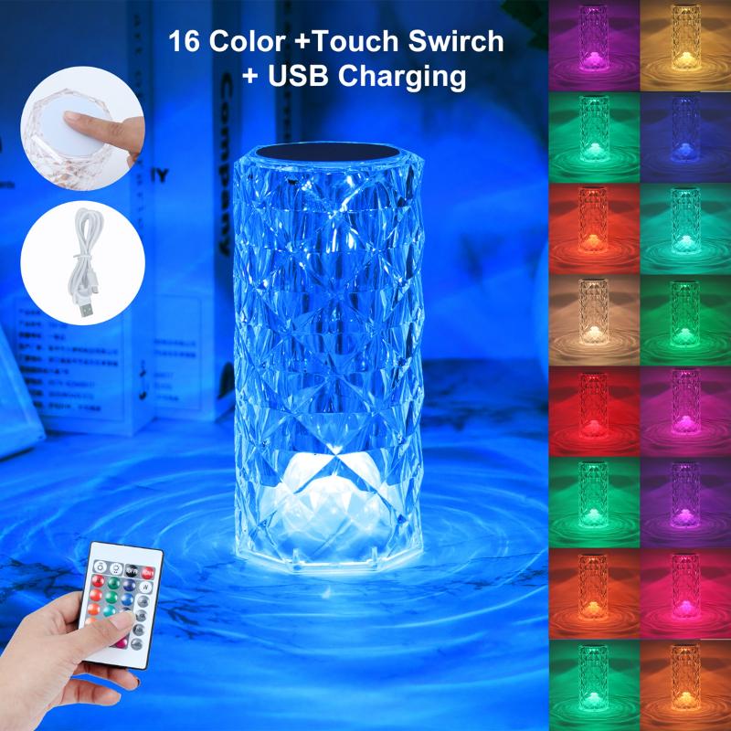 LED Crystal Desk Lamp Projector Bedside Atmosphere Light 3/16 Color Touch Adjustable Night Light Diamond Small Night Light Romantic Hand Gift