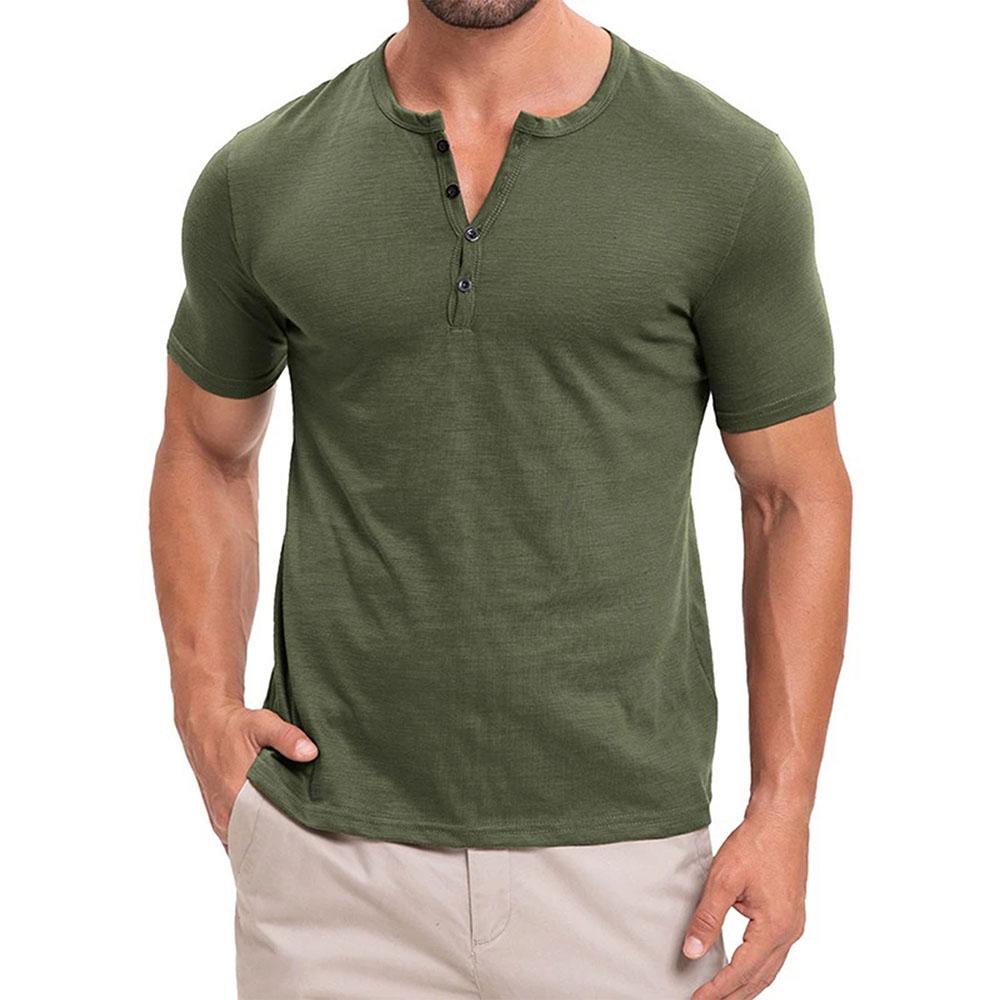 Summer New Men's Cotton T-shirt Button Design Short-sleeved Solid Color Henley Neck Tops Slim Fit Comfortable Casual Tees