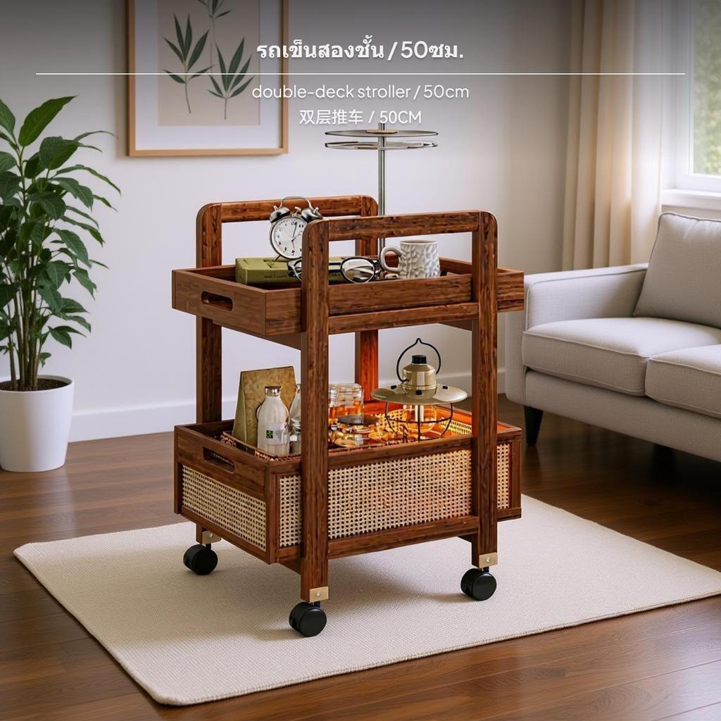 2-Tier Walnut Mobile Side Table Cart, Rattan Storage Rack, Living Room Sofa End