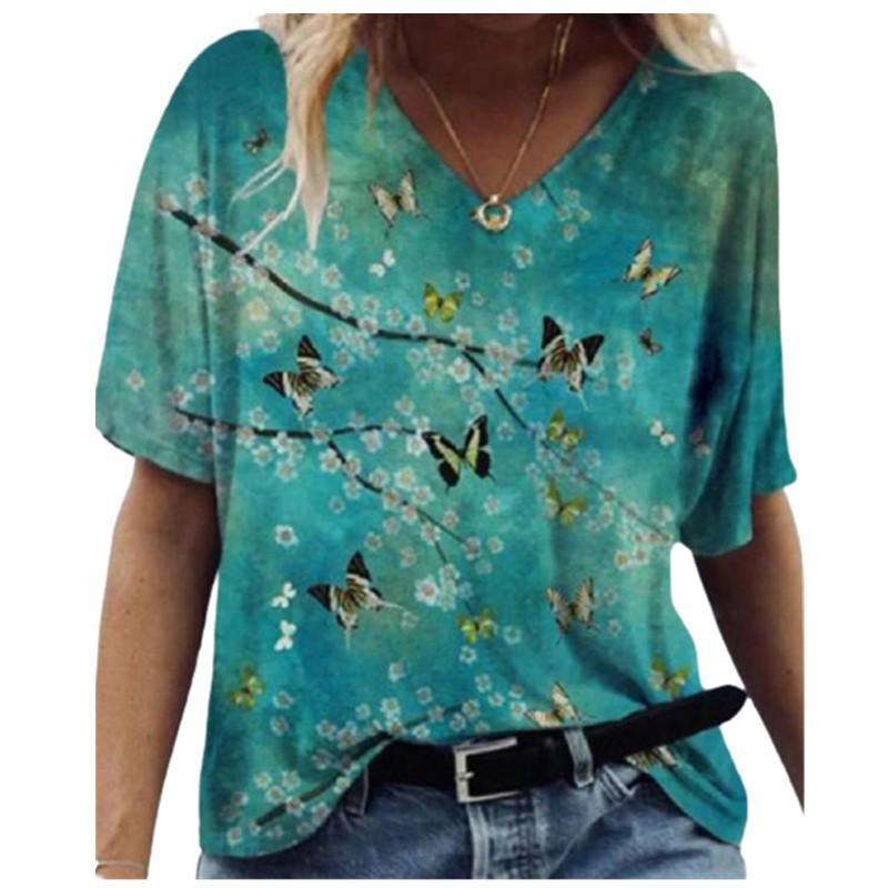Women's Summer New V-neck Floral Positioning 3D Printed Short Sleeved T-shirt