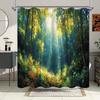 1Pc Sunlit Forest Bath Curtain - Lush Golden Woodland With Wildflowers - Dappled Light Through Canopy - Magical Nature Watercolo