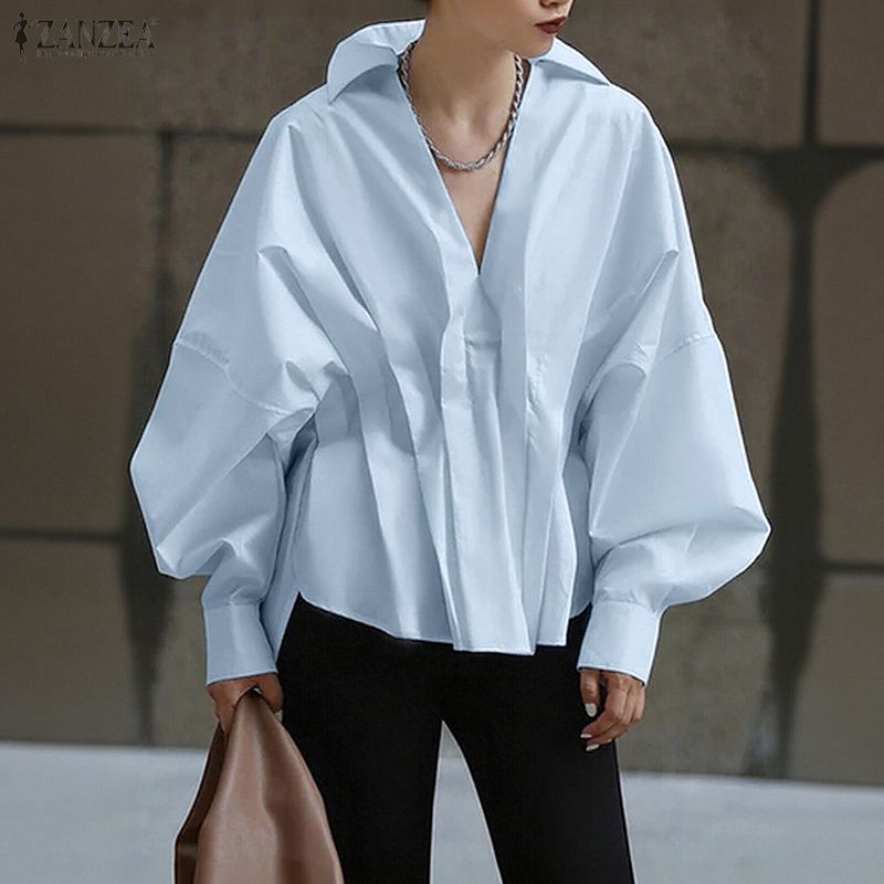 ZANZEA Women Casual Lapel Neck Long Sleeve Loose Pleating Irregular Blouse