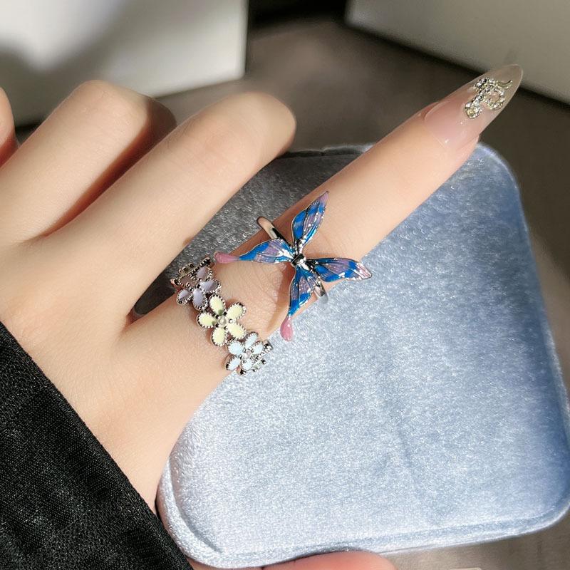 Beautiful Smart Multicolored Fantasy Butterfly Flower Premium Butterfly Flower Opening Ring Female Sweet Cool Fashion Cold Wind Ring