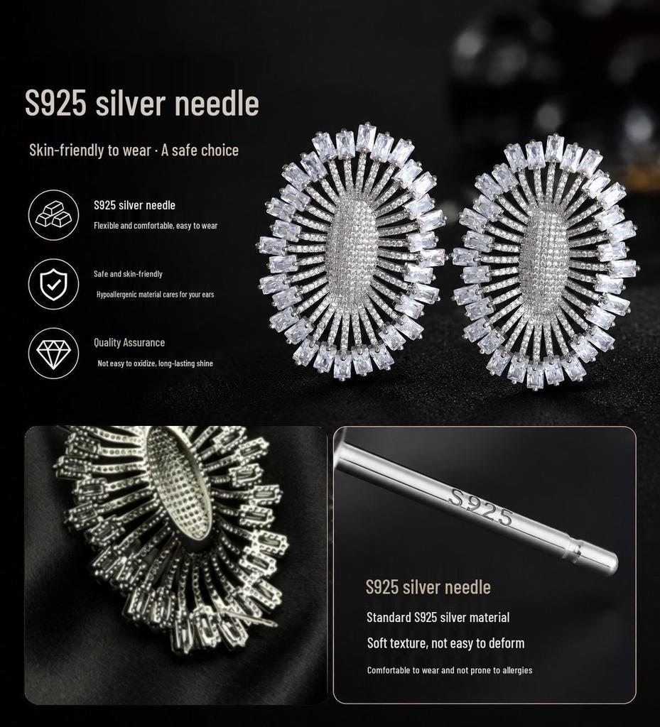 European American Luxury Zircon Earrings: Fashionable S925 Sterling Silver Hollow Ear Studs for Women