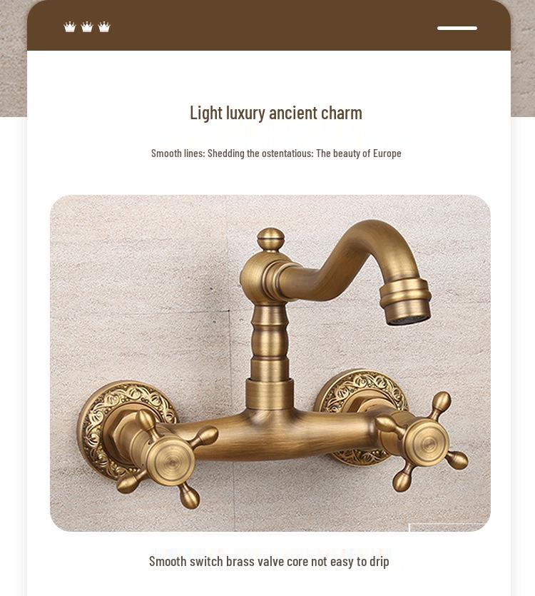 Retro French Copper Wall-Mounted Double Handle Faucet for Kitchen and Balcony.