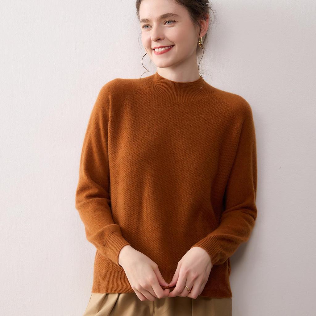 Women's Pure Cashmere Half-High Neck Sweater - Versatile Long Sleeve Knit Pullover