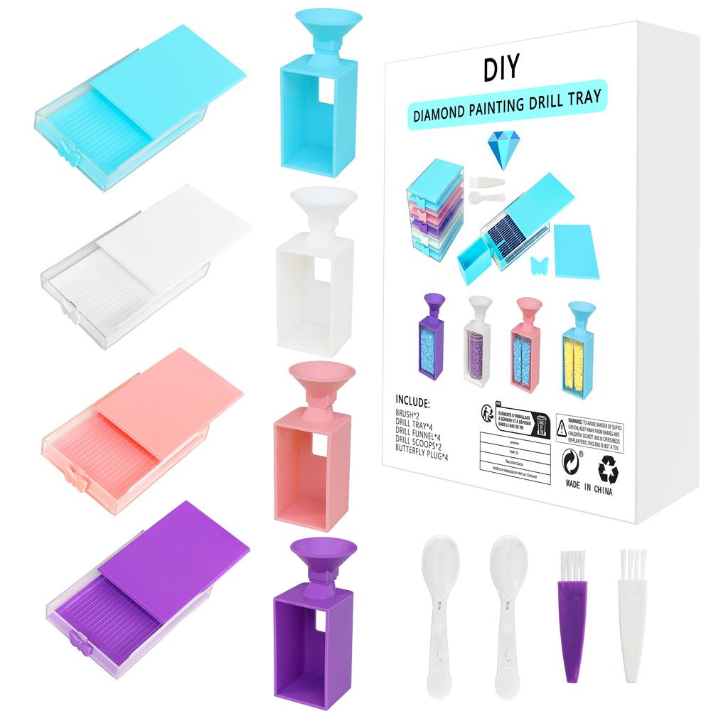 4PCS Diamond Painting Tool Tray With 4pcs Drills Funnel,Cover Beads Container Tray Organizer 5D DIY Diamond Embroidery Accessori