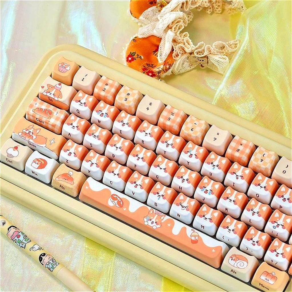Cute Cow Cat Theme MAO KEYCAP SET PBT 129 Key Cat Cap Compatible with 60/64/84/98/108 Mechanical Keyboard