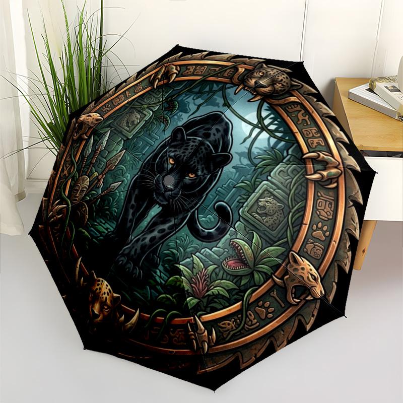 Jungle Jaguar Ritual pattern umbrella, portable and foldable design, 8 ribs, a casual accessory for Halloween, Christmas, and birthday gifts.