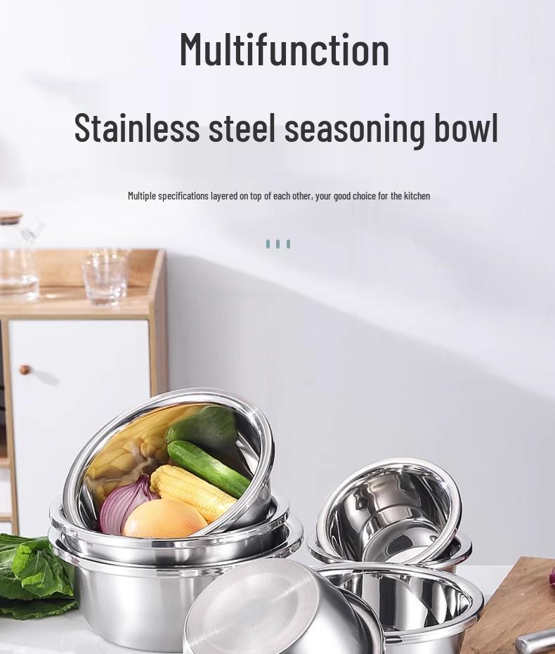 Durable 304 Stainless Steel Multi-Purpose Kitchen Basin: Noodle, Soup, Vegetable Wash, Egg Beating, and Seasoning Jar.