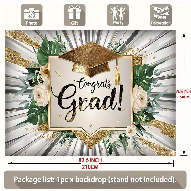 Elegant Gold Glitter Grad Backdrop, 150x130cm Greenery White Roses Grad Cap Tapestry for Grad Party Decor
