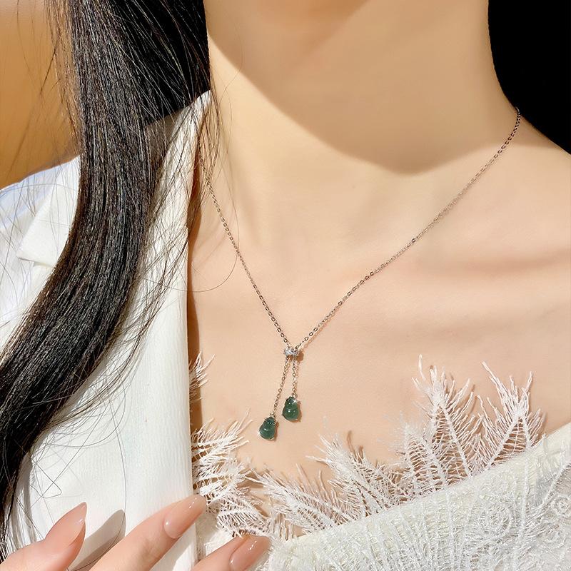 New Chinese Style Natural Blue Water Jadeite Double Gourd Pendant S925 Pure Silver Necklace for Women, Premium Clavicle Chain